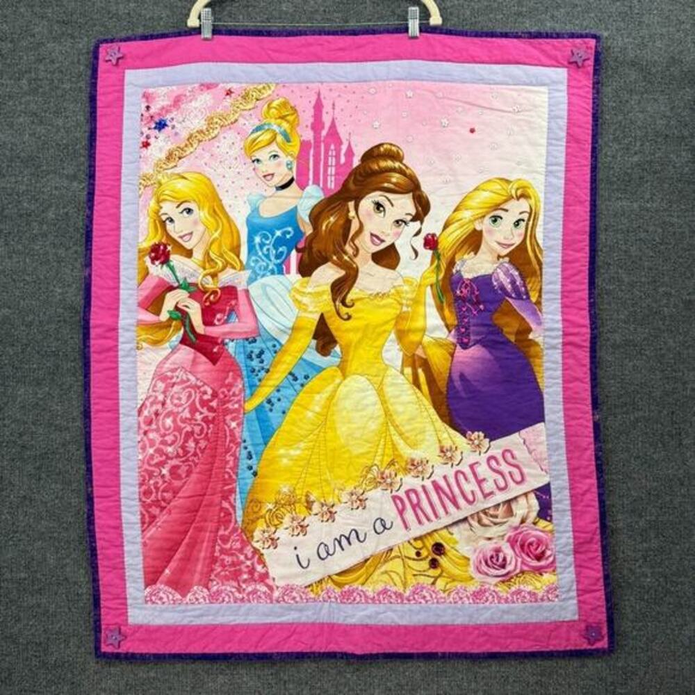 Disney Princess Handmade Quilt Blanket Button Embellished Hand Stitched 33x40